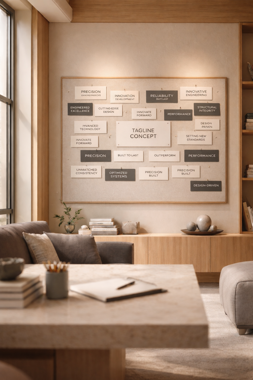 Brand messaging development board with tagline concepts in a luxury strategy studio at Curator Design & Marketing, Calgary branding and web design agency