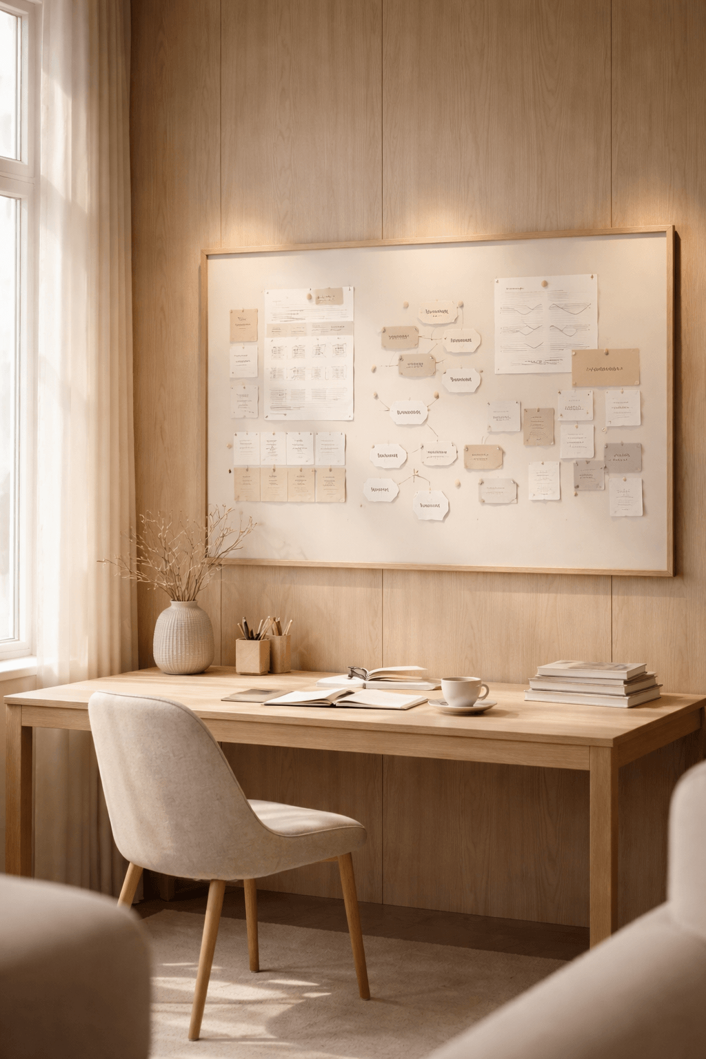 Curator Design & Marketing Calgary web design, brand design, and marketing strategy workspace with Scandinavian minimalist office and communication planning board