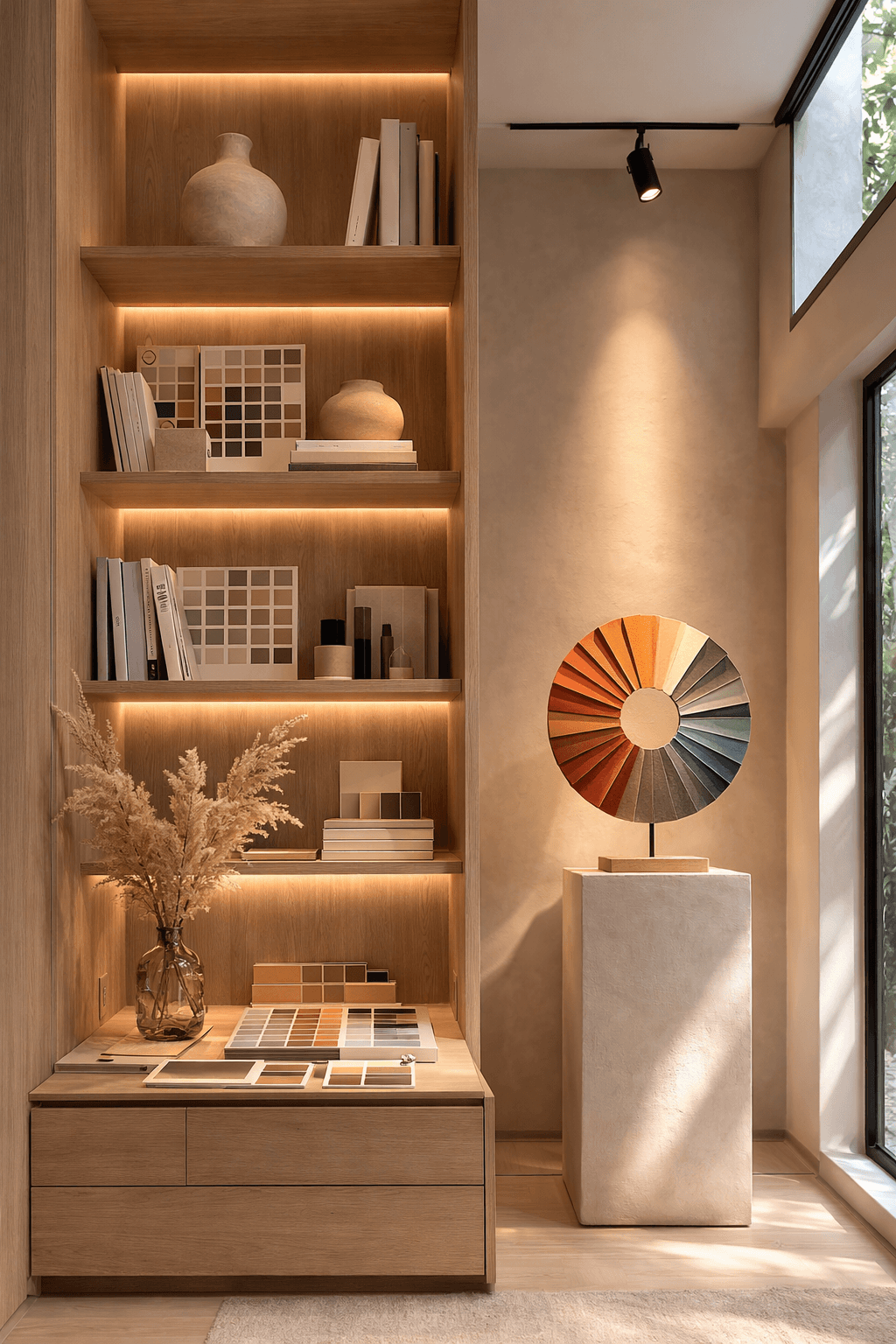 Curator Design & Marketing Calgary web design and branding studio concept featuring minimalist Scandinavian-inspired design workspace with colour wheel and curated design materials representing creative branding and digital marketing services in Calgary.