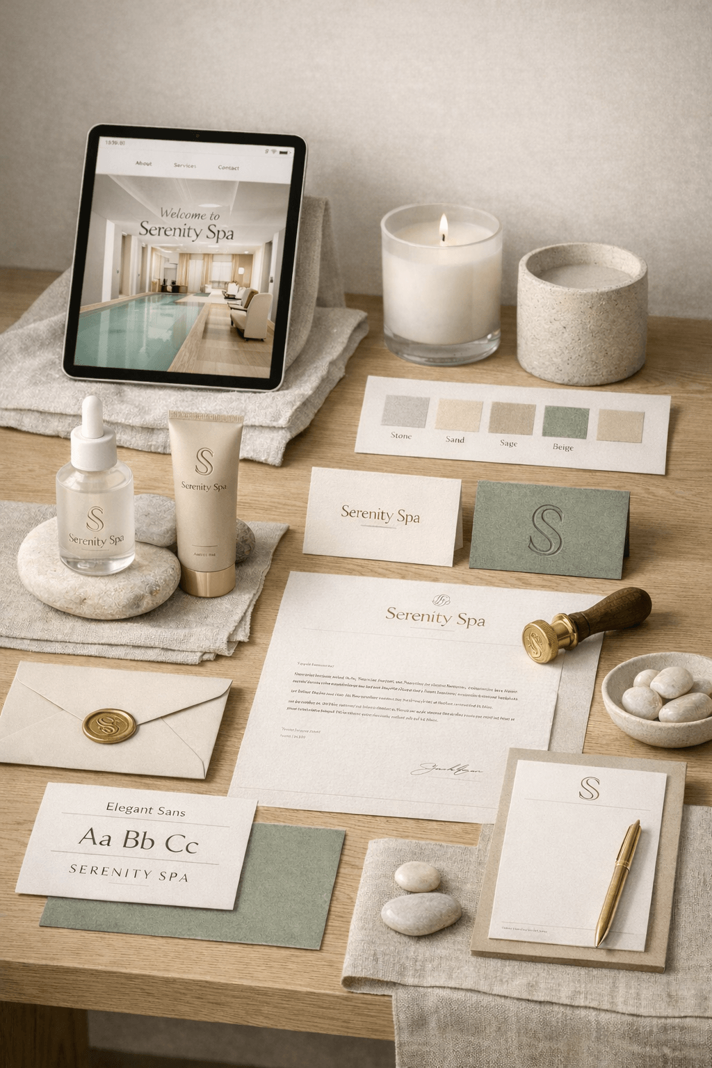 Luxury spa branding and website design mockup by Curator Design & Marketing Calgary featuring elegant packaging, business cards, stationery, and a spa facility website preview displayed on a tablet as part of a premium brand identity system.