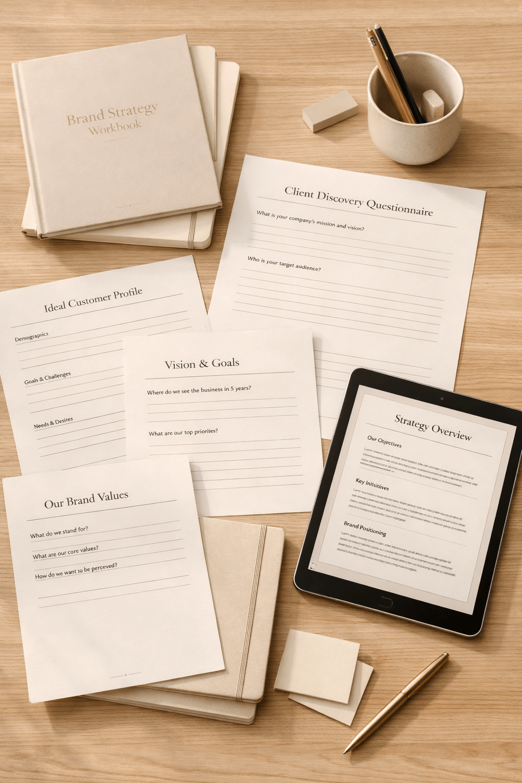 Curator Design & Marketing brand strategy worksheets and client discovery materials arranged on a minimalist workspace table, representing professional web design, branding strategy, and marketing services in Calgary.