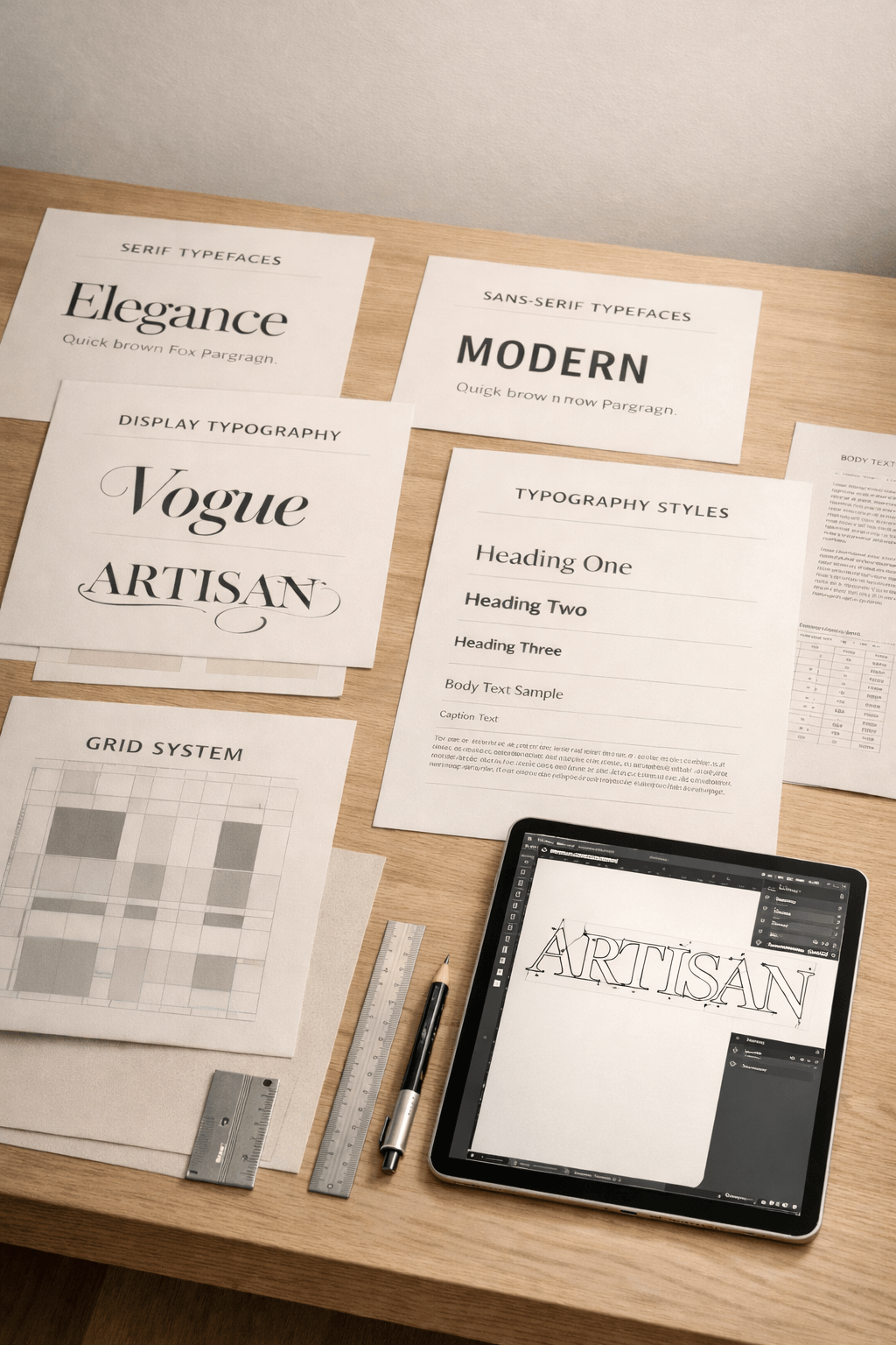 Typography system design workspace showing serif, sans-serif and display typeface studies with a custom logo wordmark being edited on a tablet — branding and web design typography strategy by Curator Design & Marketing Calgary