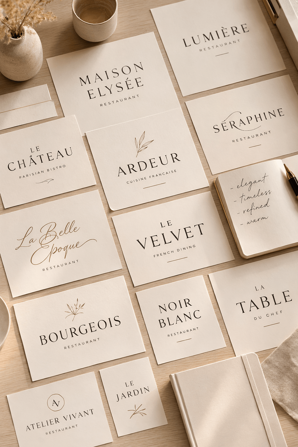 Luxury restaurant brand naming concepts and typography studies arranged on a light oak design table in a Scandinavian-style studio, showcasing business name ideation and brand identity exploration by Curator Design & Marketing Calgary for branding, logo design, and web design services.