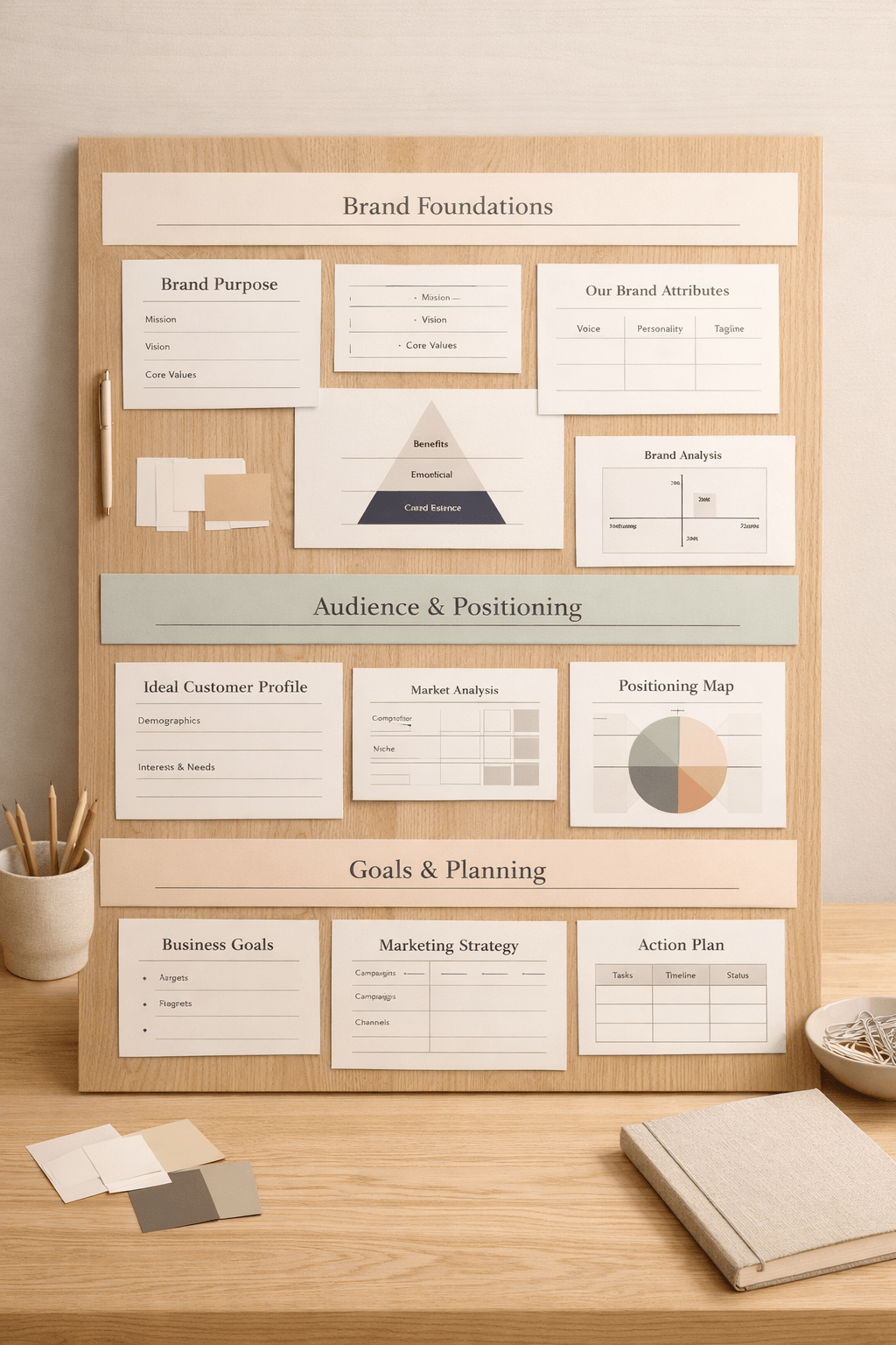 Brand strategy planning board with client persona worksheets and brand positioning diagrams on a light oak table, representing the process Curator Design & Marketing in Calgary uses to define and attract ideal client personas through strategic branding and web design.