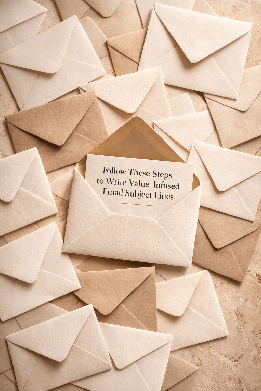 Neutral-toned envelopes on a stone surface with a note reading “Follow These Steps to Write Value-Infused Email Subject Lines,” representing email marketing strategy and brand messaging by Curator Design & Marketing, Calgary web design and branding studio
