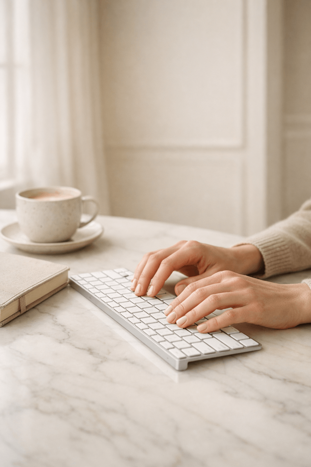 Hands typing website copy on a keyboard at a minimalist workspace, representing copywriting and content strategy services by Curator Design & Marketing in Calgary for branding, web design, and digital marketing.