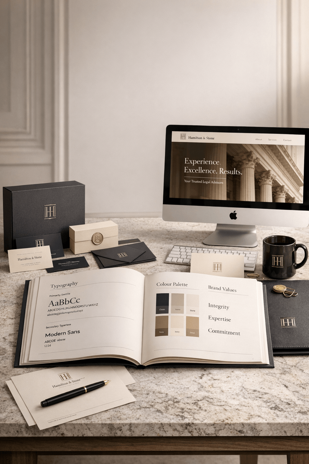 Art direction and visual brand identity design for a law firm displayed on a modern desk with logo, brand guidelines, stationery, and digital mockups by Curator Design & Marketing Calgary web design and branding agency.