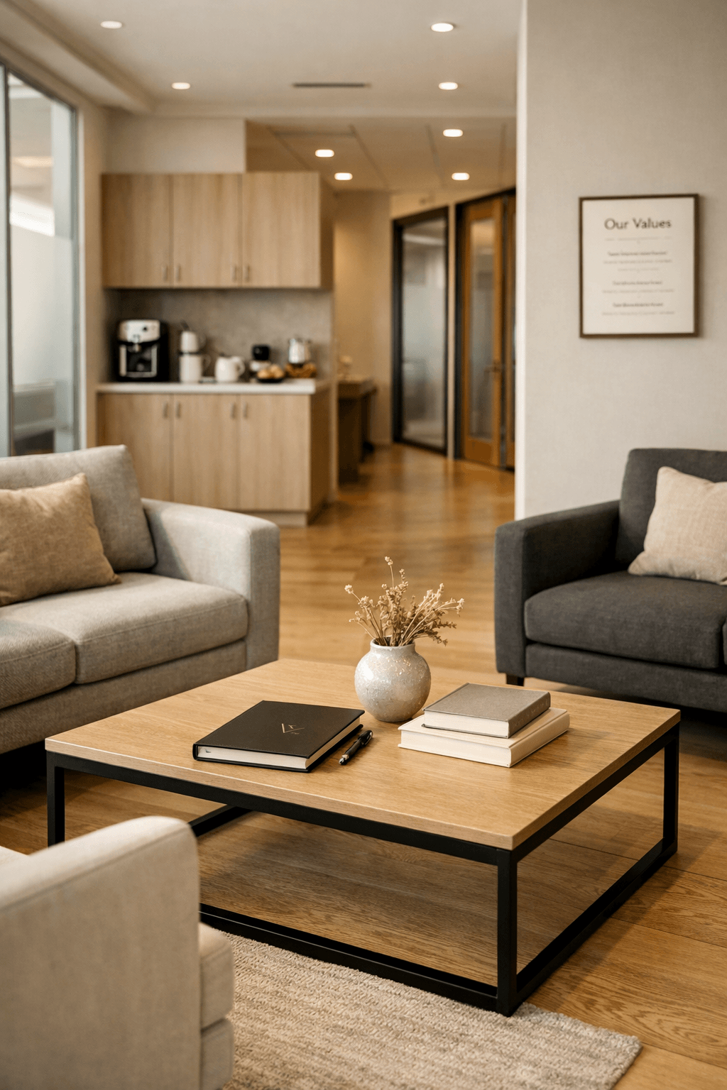 Professional office lounge representing strong workplace brand culture at Curator Design & Marketing, Calgary branding agency specializing in brand strategy, web design, and marketing alignment between internal culture and external brand identity.