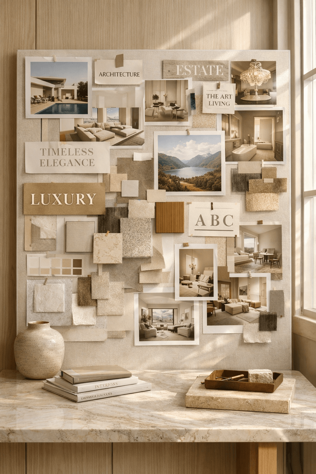 Luxury editorial mood board featuring architecture, interior design, colour palettes and material samples in a bright studio, illustrating the balance of proprietary and stock media in branding and web design by Curator Design & Marketing Calgary.