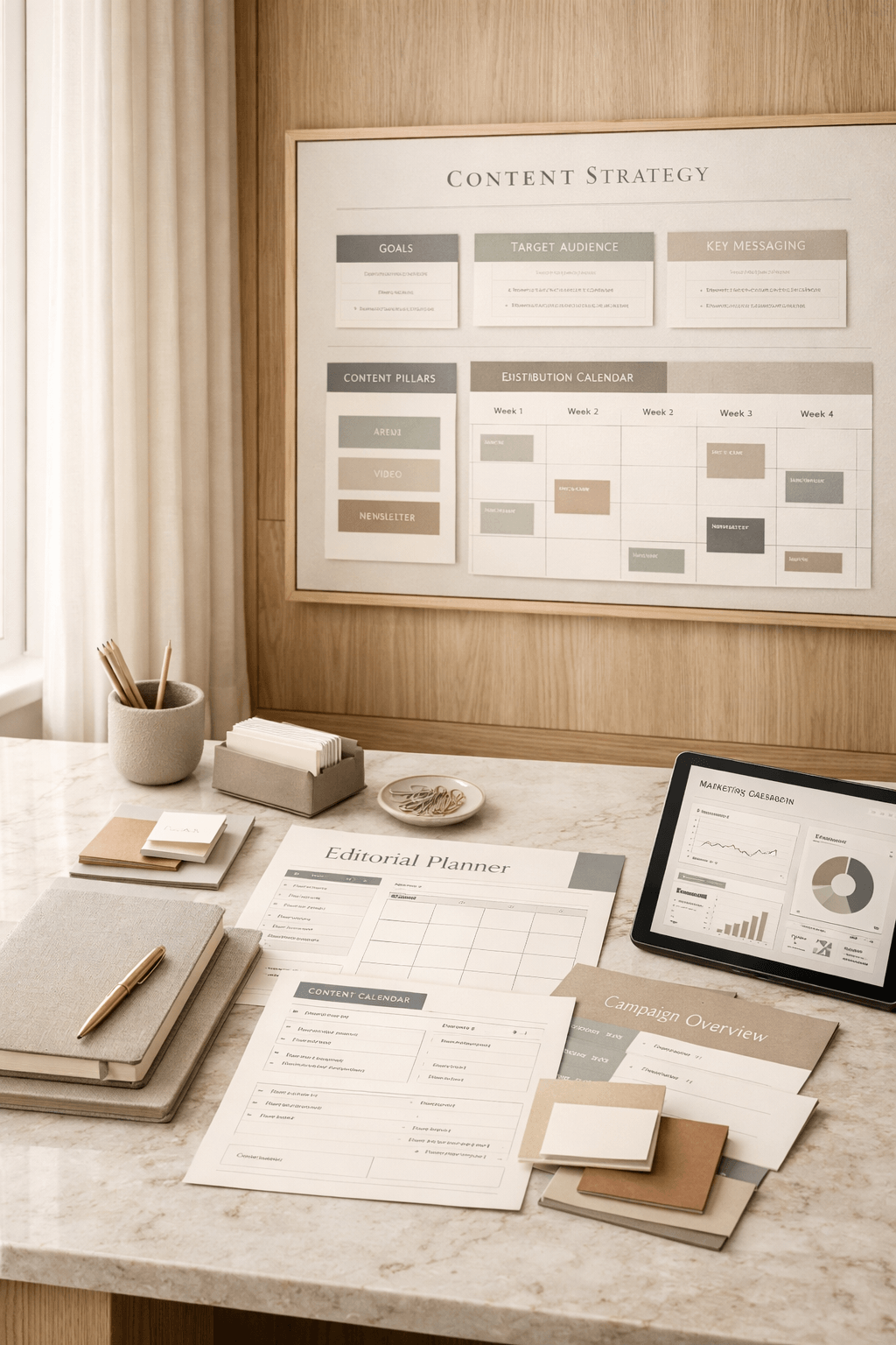 Content marketing strategy planning workspace with editorial calendar and marketing dashboard on a marble desk in a modern studio by Curator Design & Marketing, Calgary web design and branding agency helping businesses save time and money with effective content marketing strategies.