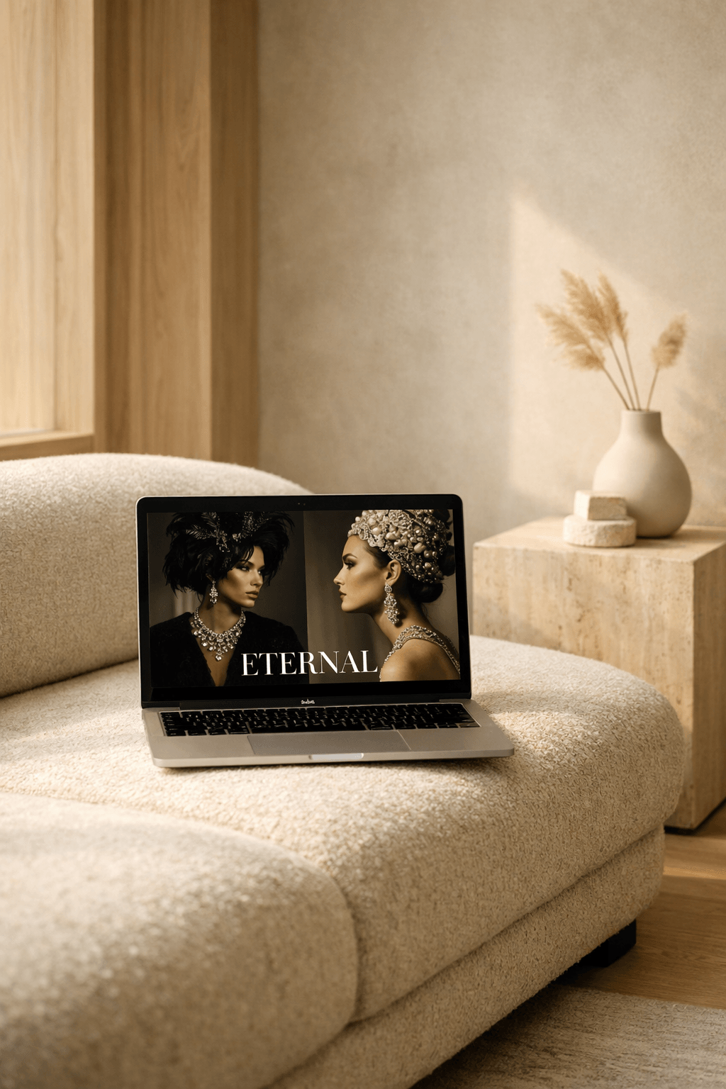 Curator Design & Marketing Calgary web design studio luxury workspace with laptop displaying fashion editorial website representing Showit vs WordPress website design, branding and SEO services for modern businesses