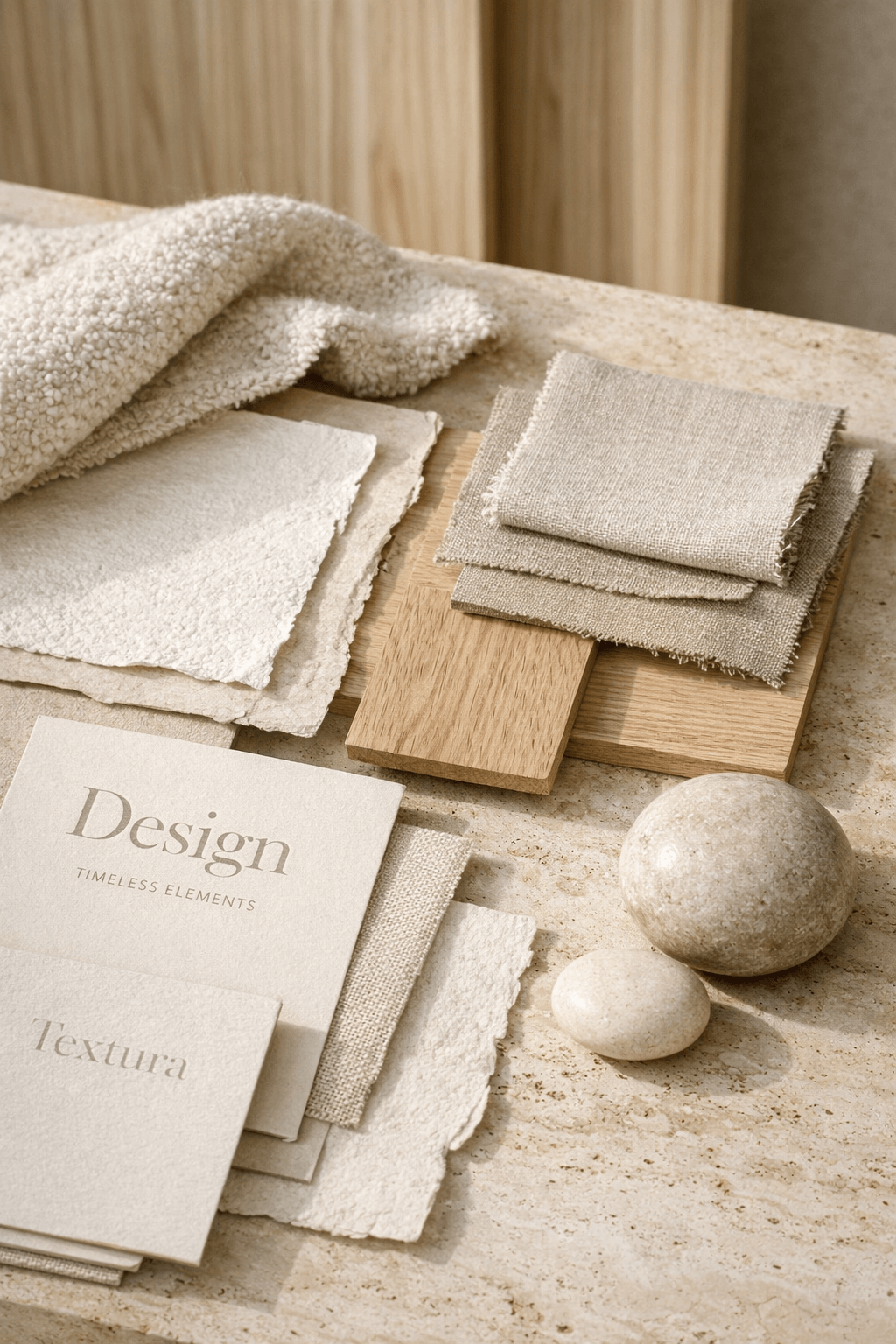 Luxury editorial still life of layered tactile design materials including bouclé fabric, handmade paper, linen swatches, light oak wood samples, and stone objects arranged on travertine, representing texture in modern branding and web design by Curator Design & Marketing Calgary.