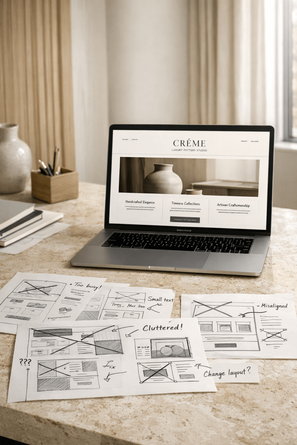 Calgary web design workspace showing website wireframe mistakes beside a clean modern website layout on a laptop, illustrating how Curator Design & Marketing fixes common web design and UX mistakes for businesses.