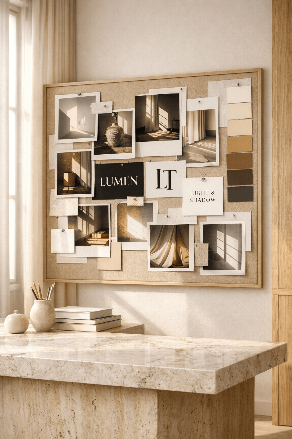 Creative studio mood board exploring light and shadow in design, featuring architectural photography, typography studies, and neutral colour palettes, photographed in a Scandinavian-style studio by Curator Design & Marketing, Calgary branding and web design studio.