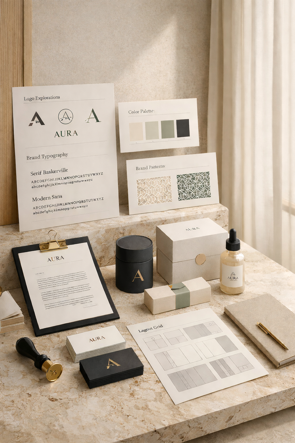 Law firm brand identity elements displayed on a designer desk including logo studies, typography, stationery, and color palette showcasing professional branding design by Curator Design & Marketing in Calgary.