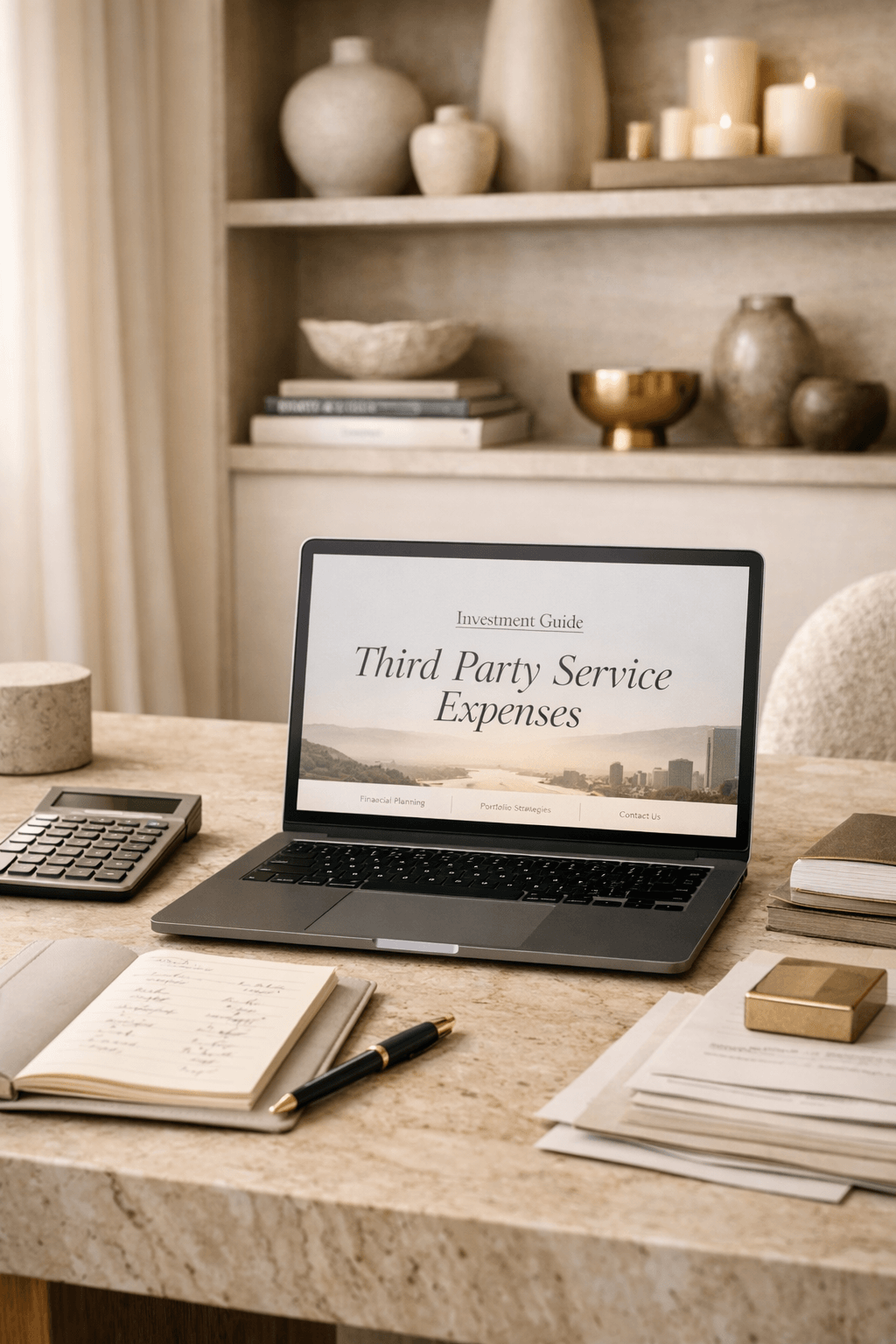 Laptop displaying a website investment guide including third party expenses beside a grey calculator on a travertine desk in a warm, minimalist office