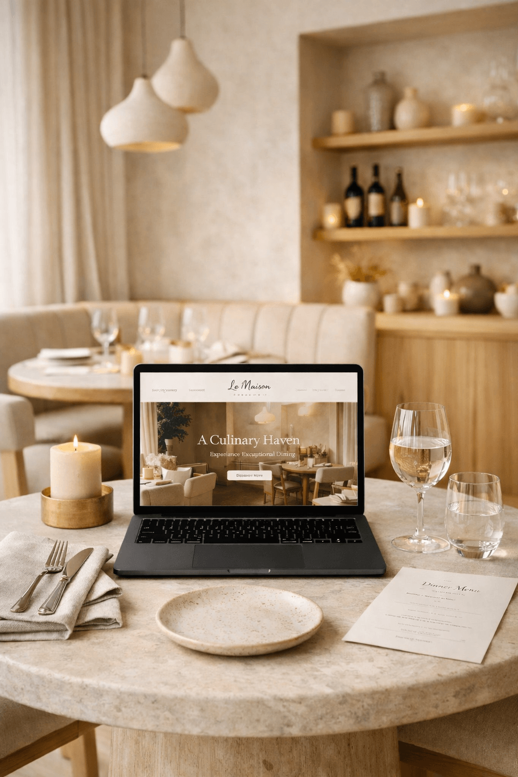 Luxury restaurant interior with a light oak table and an open laptop displaying an elegant restaurant website, illustrating the connection between physical brand experience and digital presence.