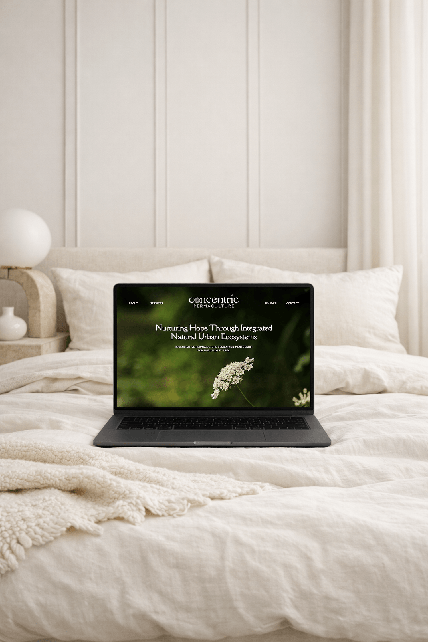 Laptop displaying Concentric Permaculture website on a soft neutral bed with natural textures