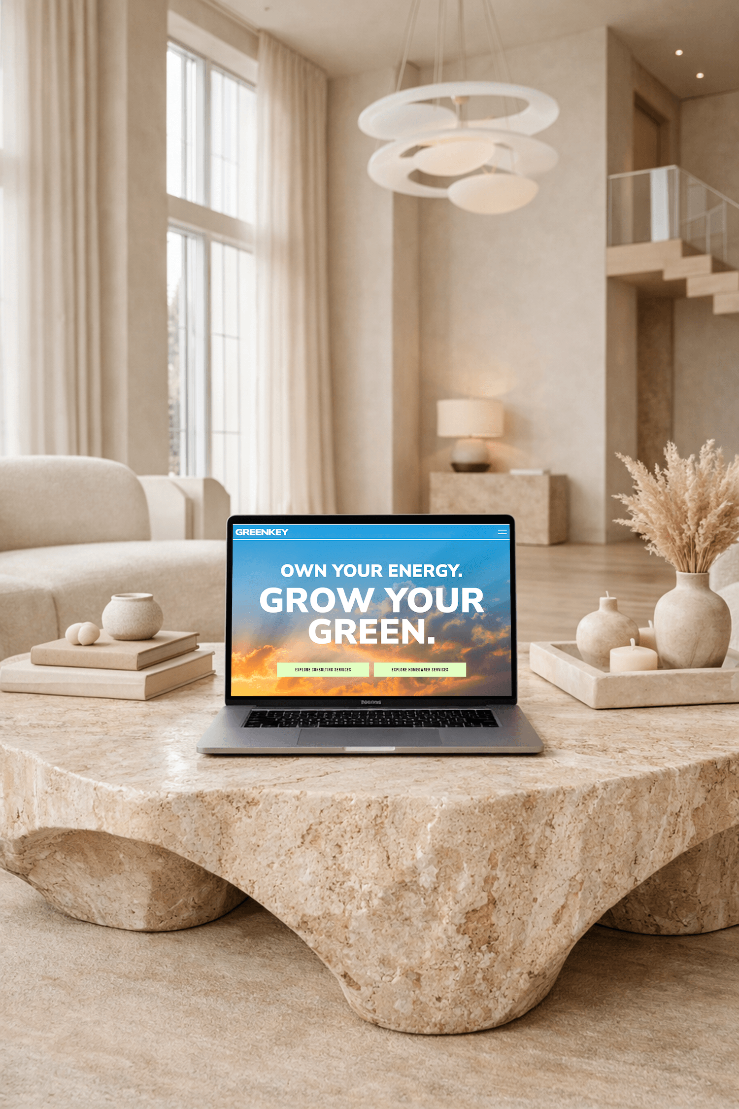 Laptop displaying GreenKey Energy website on a sculptural stone table in a bright modern living room
