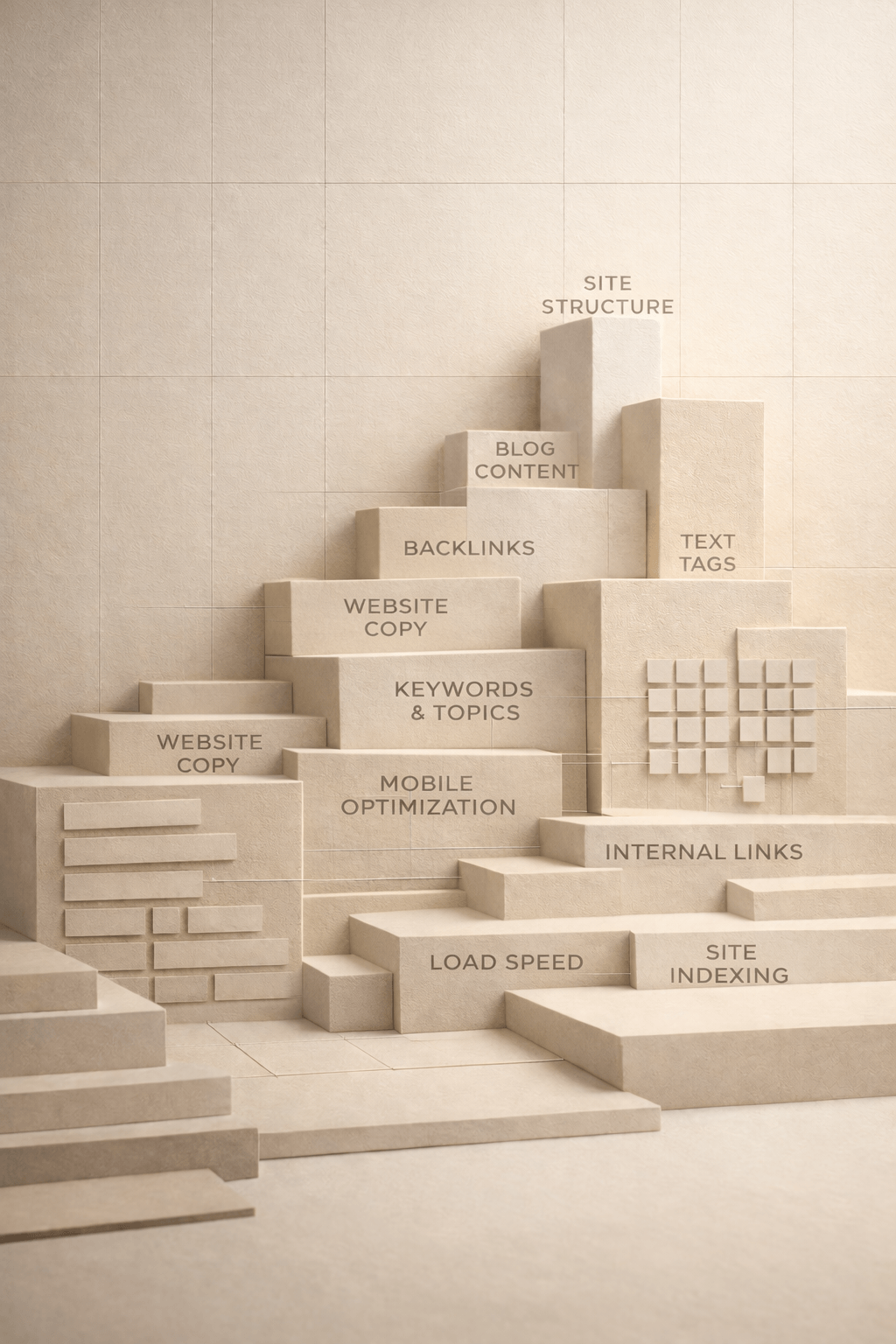 Minimalist architectural composition of layered beige blocks labeled with SEO elements like site structure, backlinks, mobile optimization, load speed, and site indexing, representing search ranking systems