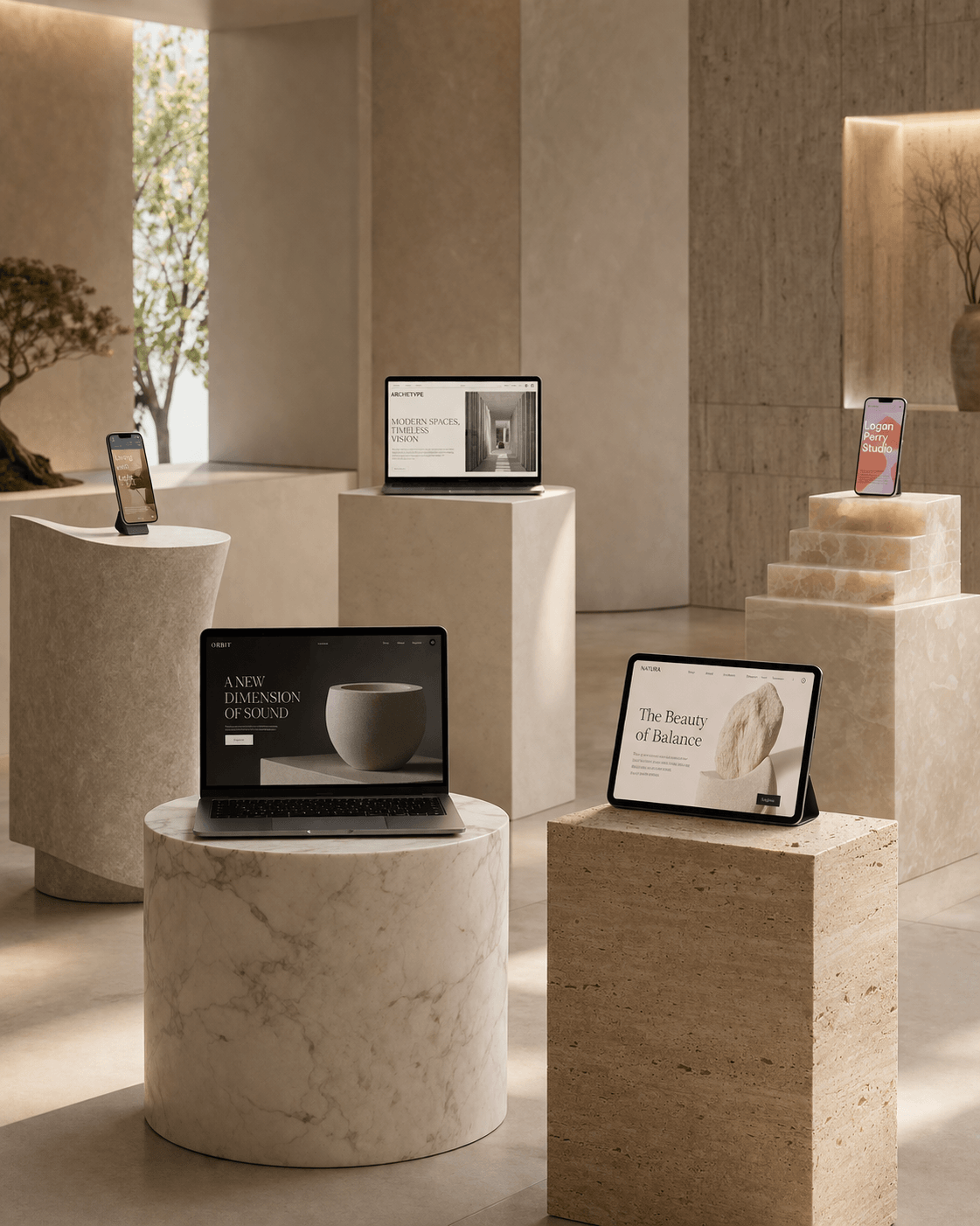 Minimal contemporary gallery interior with Apple laptops, iPads, and iPhones displaying different premium website designs on sculptural stone pedestals.