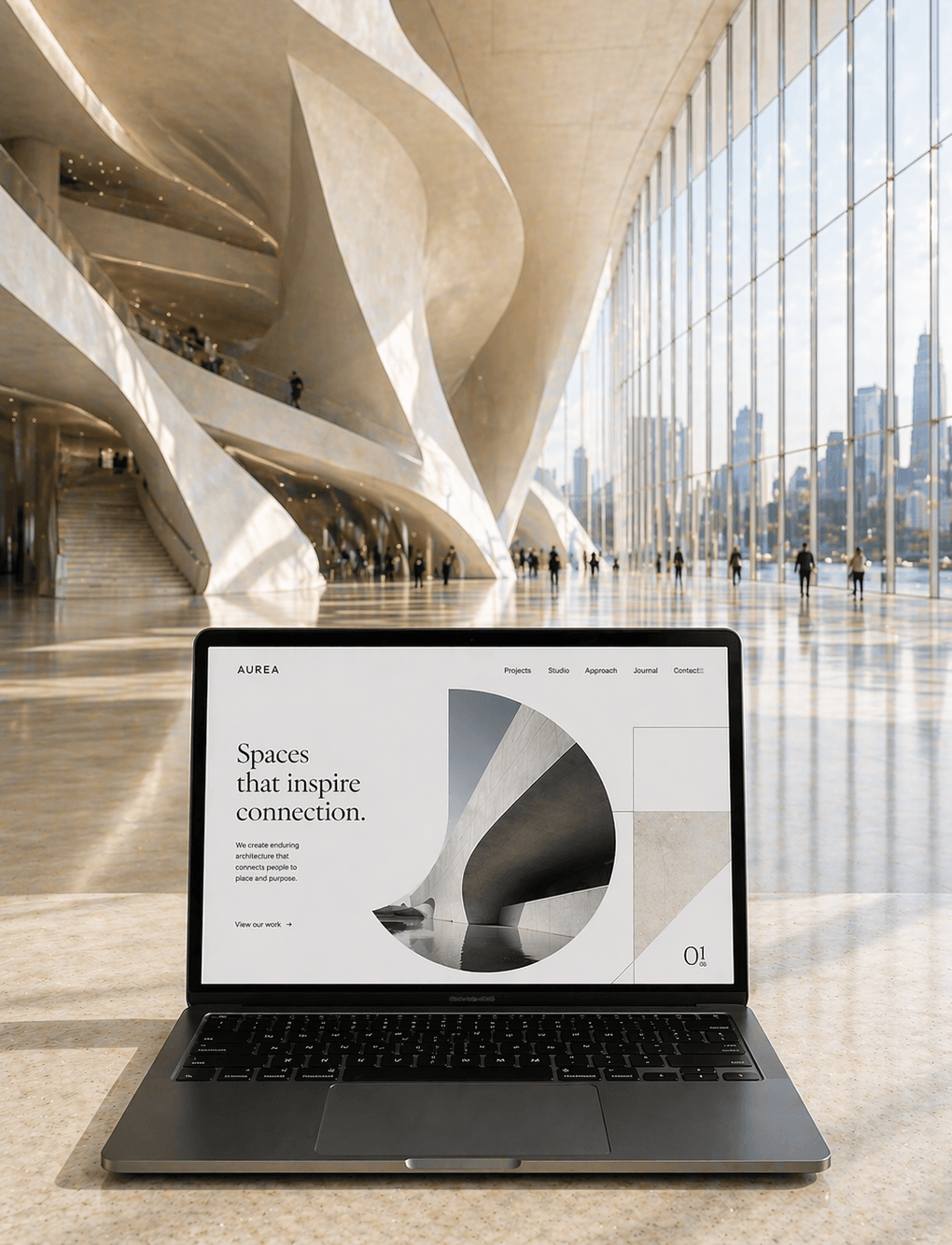 Laptop displaying a modern architecture firm website inside a large, sunlit contemporary building with sculptural design and floor-to-ceiling windows