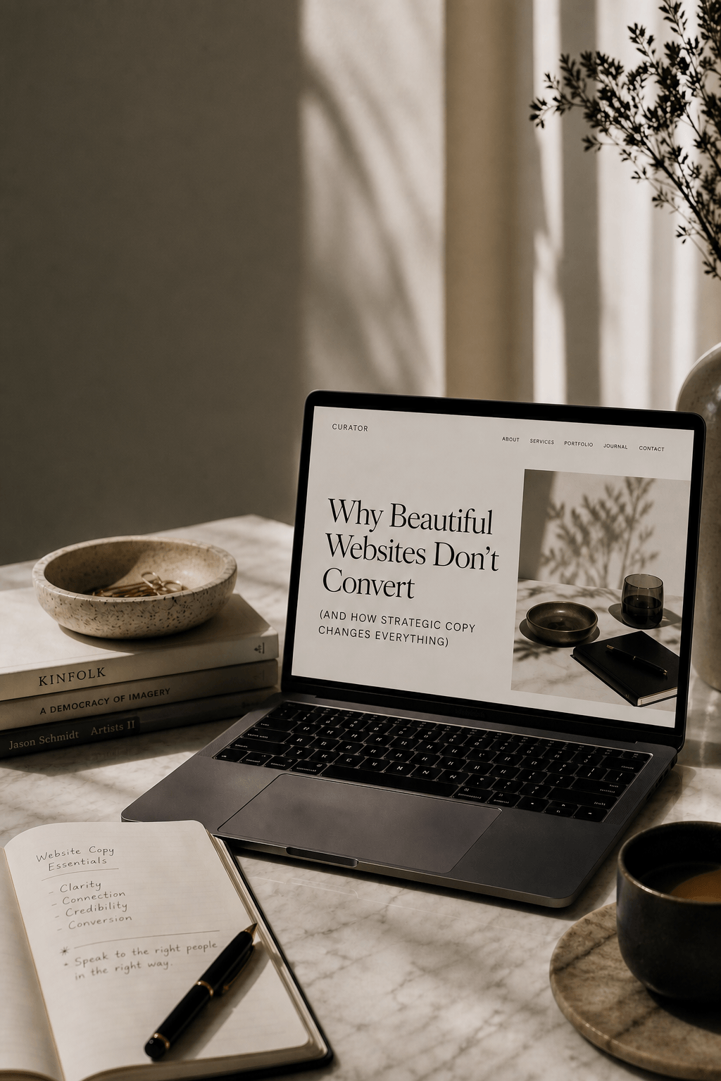 Minimal, editorial workspace with laptop displaying website copy about why beautiful websites don’t convert, styled with notebook, coffee, and neutral tones.