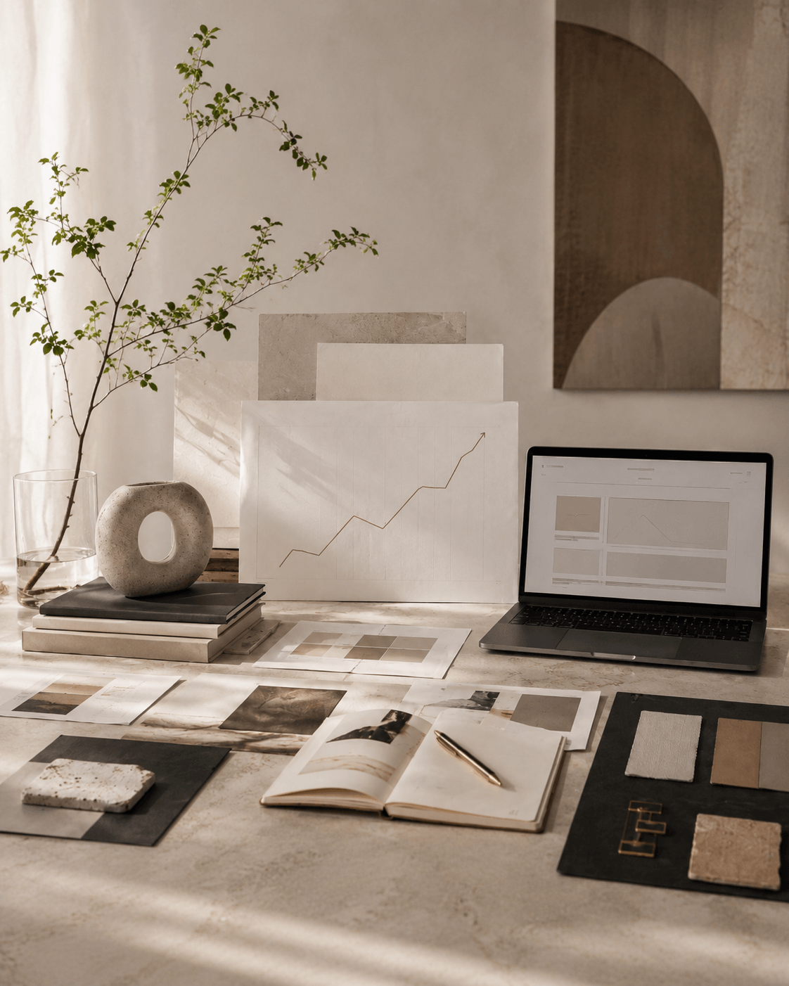 Elegant design studio workspace with brand strategy materials, website wireframe, neutral colour swatches, and an upward growth chart for a Curator blog about investing in marketing during an economic downturn.
