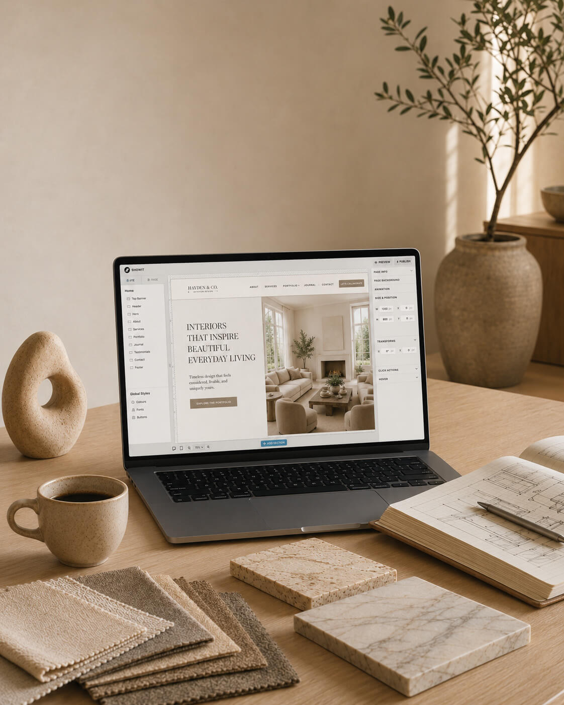 A refined interior designer workspace with a laptop showing a Showit website design, styled with fabric swatches, stone samples, sketches, and warm neutral decor by Curator Design & Marketing.